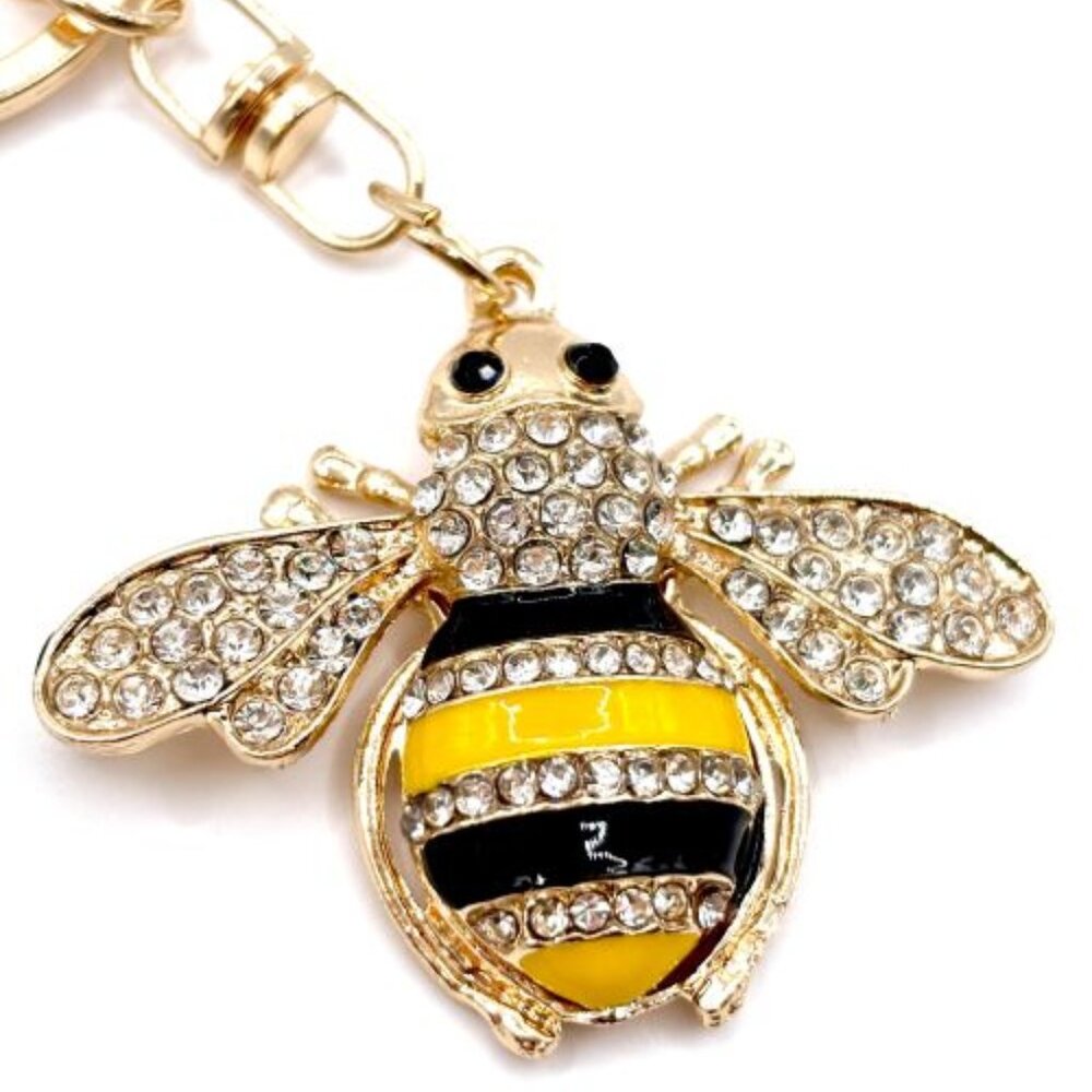 Yellow Black Enamel Bee Bees Bumblebee Rhinestone Bling Bag Charm Keychain New
